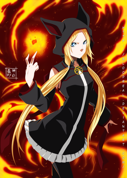 Anime picture 2000x2803 with psyren frederica tenjuin advance996 single long hair tall image highres blue eyes blonde hair twintails coloring magic girl detached sleeves fire cap animal hat