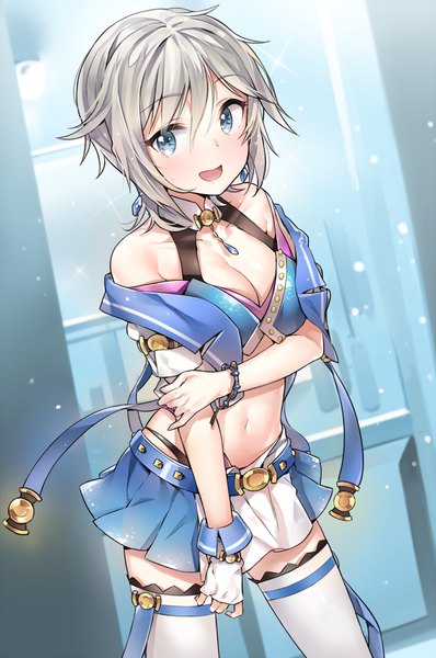 Anime picture 870x1312 with idolmaster idolmaster cinderella girls anastasia (idolmaster) yuran (cozyquilt) single tall image looking at viewer blush short hair open mouth blue eyes silver hair bare belly starry beach girl skirt gloves navel earrings miniskirt