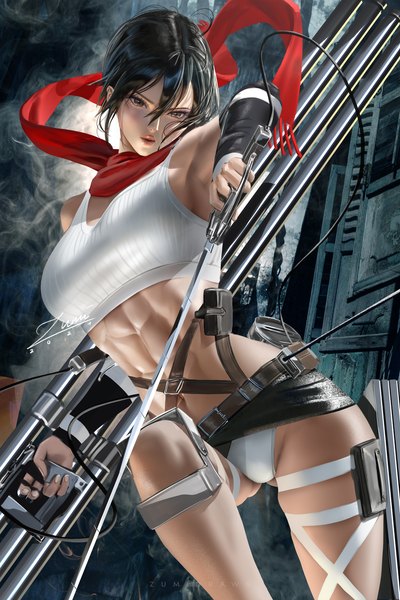Anime picture 2339x3508 with shingeki no kyojin production i.g mikasa ackerman zumi (zumidraws) single tall image looking at viewer blush fringe highres short hair breasts open mouth light erotic black hair hair between eyes large breasts holding brown eyes signed