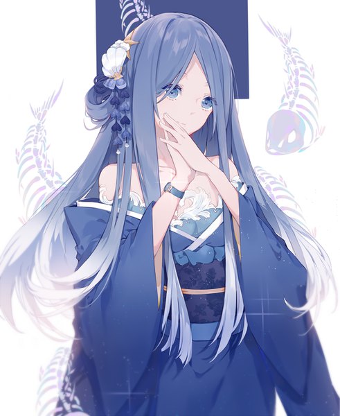 Anime picture 1158x1416 with original miyuki (miyuki0529) single long hair tall image fringe breasts blue eyes simple background hair between eyes white background bare shoulders blue hair looking away upper body long sleeves traditional clothes japanese clothes off shoulder wide sleeves