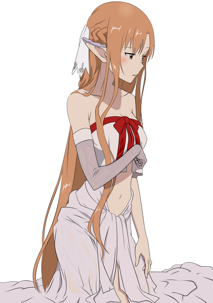 Anime picture 1919x2736 with sword art online a-1 pictures yuuki asuna titania (alo) tagme (artist) single tall image blush highres open mouth brown hair bare shoulders brown eyes very long hair profile pointy ears kneeling looking down transparent background girl