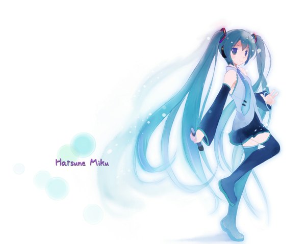 Anime picture 1487x1188 with vocaloid hatsune miku single looking at viewer fringe blue eyes smile hair between eyes standing twintails holding very long hair aqua hair wide sleeves character names standing on one leg girl detached sleeves boots thigh boots