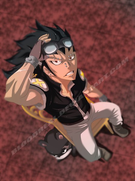 Anime picture 821x1100 with fairy tail gajeel redfox panther lily advance996 single long hair tall image black hair red eyes from above black eyes sleeveless grin piercing coloring muscle boy gloves animal fingerless gloves