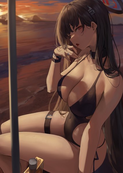Anime picture 2528x3555 with blue archive rio (blue archive) leviathan (hikinito0902) single long hair tall image looking at viewer fringe highres breasts open mouth light erotic black hair red eyes large breasts sitting sky cloud (clouds) blunt bangs head tilt