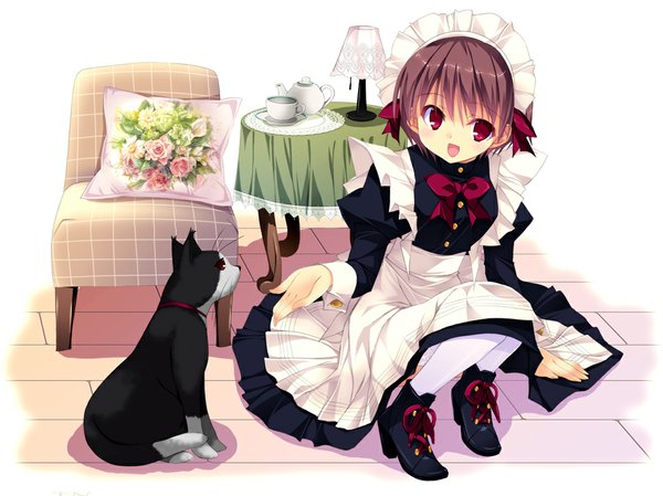 Anime picture 1063x797 with original kobayashi chisato short hair open mouth brown hair maid girl thighhighs white thighhighs boots headdress pillow maid headdress cat chair table cup teapot