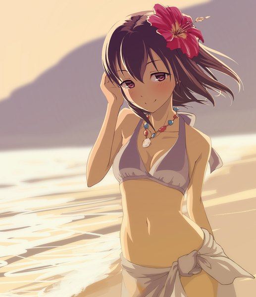 Anime picture 1250x1450 with idolmaster idolmaster cinderella girls fujiwara hajime argon single long hair tall image looking at viewer blush light erotic brown hair hair flower bare belly beach girl navel hair ornament flower (flowers) swimsuit bikini