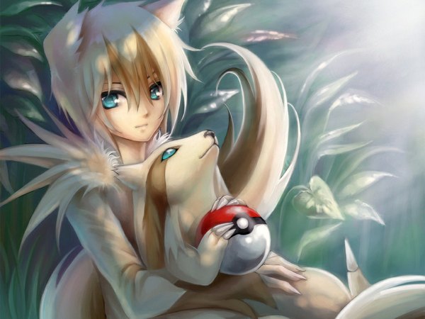 Anime picture 1024x768 with pokemon nintendo linoone tagme (artist) single looking at viewer short hair animal ears animal tail aqua eyes sunlight gen 3 pokemon girl plant (plants) animal leaf (leaves) grass claws pokeball