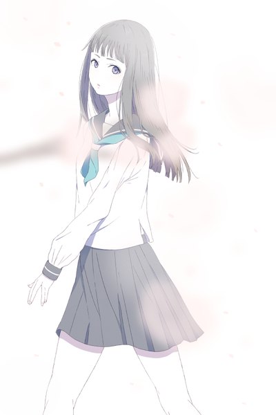Anime picture 600x900 with original natuich single long hair tall image looking at viewer fringe black hair simple background white background purple eyes blunt bangs long sleeves parted lips pleated skirt blurry cherry blossoms walking girl skirt