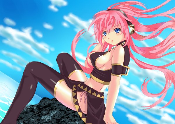 Anime picture 1200x848 with vocaloid megurine luka single long hair blue eyes sitting pink hair sky cloud (clouds) girl thighhighs black thighhighs headphones