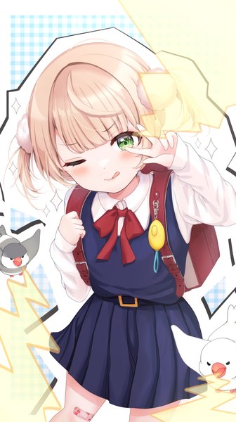 Anime picture 2834x5062 with virtual youtuber indie virtual youtuber shukusei!! loli-gami requiem shigure ui (vtuber) shigure ui (vtuber) (young) yu lei single tall image looking at viewer fringe highres short hair blonde hair twintails green eyes blunt bangs one eye closed from above wink loli
