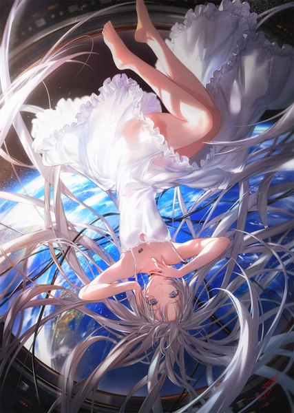 Anime picture 1044x1468 with original hoojiro single tall image looking at viewer fringe blue eyes smile silver hair full body bent knee (knees) very long hair barefoot bare legs frilled dress upside down space weightlessness girl dress