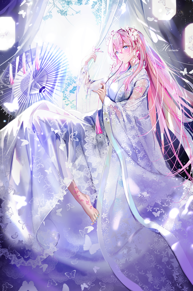 Anime picture 2150x3235 with vocaloid megurine luka haruri single tall image looking at viewer blush fringe highres breasts blue eyes hair between eyes sitting holding signed pink hair bent knee (knees) long sleeves very long hair nail polish