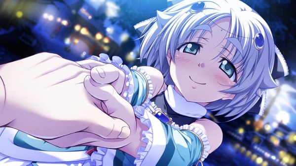Anime picture 1024x576 with taiyou no promia taiyou no promia flowering days enosera von kreutzer blush short hair blue eyes smile wide image game cg silver hair girl hair ornament detached sleeves