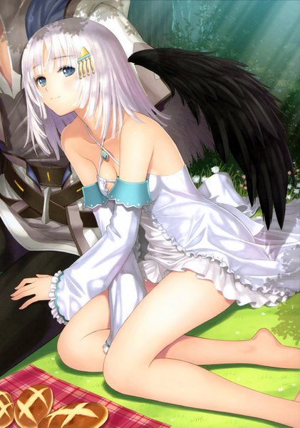 Anime picture 4374x6234 with shining (series) shining ark panis angelicus fried karim tony taka long hair tall image blush highres blue eyes bare shoulders absurdres white hair scan girl dress boy hair ornament detached sleeves wings