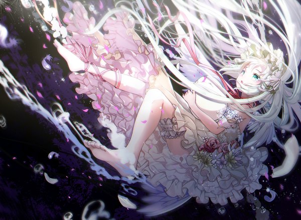 Anime picture 1600x1171 with original maronie. single long hair blue eyes holding looking away full body white hair barefoot floating hair underwater frilled dress girl dress ribbon (ribbons) frills white dress feather (feathers) egg