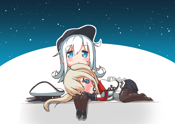 Anime picture 1169x827 with kantai collection hibiki destroyer graf zeppelin (kantai collection) yaosera long hair blush fringe breasts blue eyes blonde hair hair between eyes sitting twintails multiple girls signed silver hair ahoge lying night embarrassed