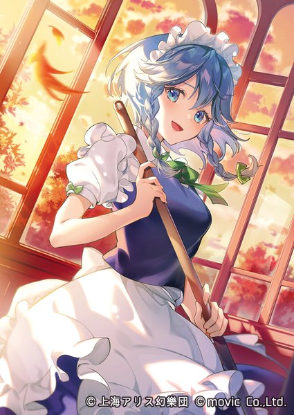 Anime picture 724x1023 with touhou izayoi sakuya hasumikaoru single tall image looking at viewer short hair open mouth blue eyes silver hair :d official art maid puffy sleeves evening sunset girl uniform headdress window