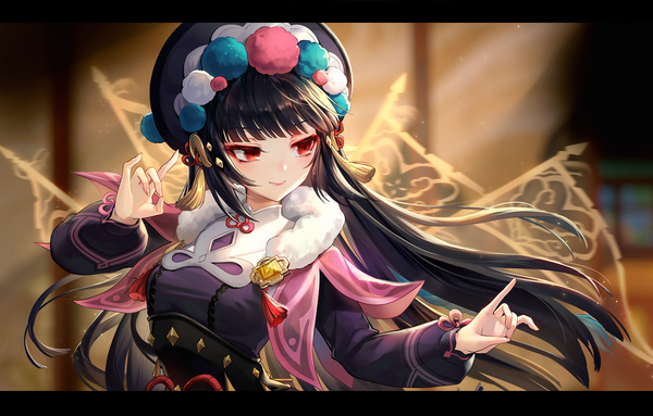 Anime picture 2560x1634 with genshin impact yun jin (genshin impact) lalazyt single long hair fringe highres black hair smile red eyes looking away upper body blunt bangs letterboxed girl hat vision (genshin impact)