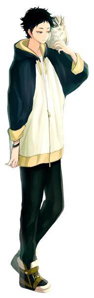 Anime picture 365x1141 with haikyuu!! production i.g akaashi keiji saharan single tall image short hair black hair standing looking away full body black eyes transparent background casual animal on shoulder bird on shoulder boy animal jacket bird (birds)