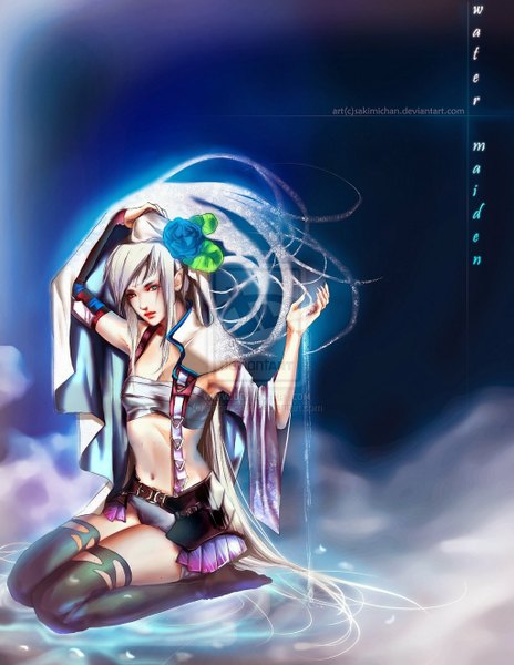 Anime picture 1024x1324 with sakimichan long hair tall image sitting signed white hair hair flower lips inscription girl thighhighs navel hair ornament water cloak bandage (bandages) torn thighhighs