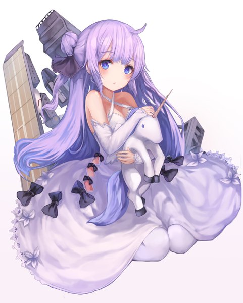 Anime picture 2000x2494 with azur lane unicorn (azur lane) yohaku single long hair tall image looking at viewer blush fringe highres blue eyes simple background sitting bare shoulders holding payot purple hair ahoge blunt bangs hair bun (hair buns)