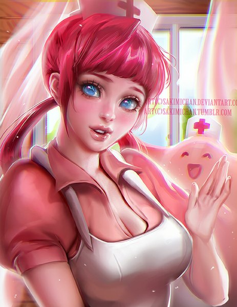 Anime picture 618x800 with pokemon nintendo chansey joy (pokemon) sakimichan long hair tall image looking at viewer fringe breasts open mouth blue eyes pink hair wind realistic watermark happy nurse gen 1 pokemon girl