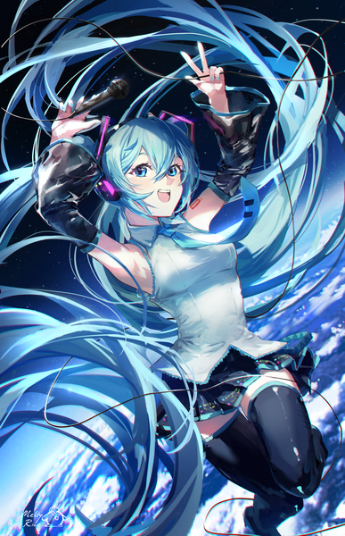 Anime picture 1522x2359 with vocaloid hatsune miku meltyrice single tall image fringe open mouth hair between eyes twintails very long hair :d aqua eyes aqua hair girl thighhighs skirt black thighhighs detached sleeves miniskirt headphones