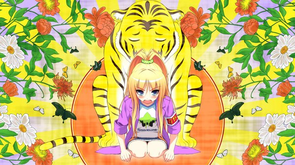 Anime picture 2048x1152 with axanael (game) long hair blush highres open mouth blue eyes blonde hair wide image game cg girl flower (flowers) animal tiger