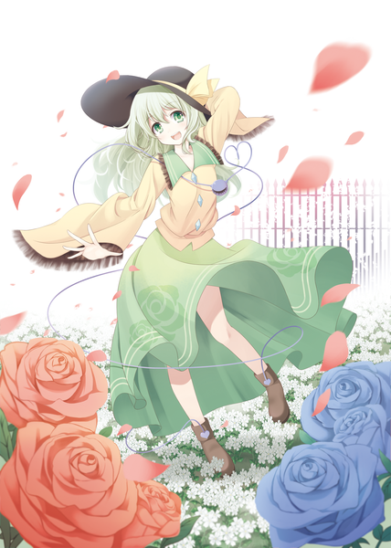 Anime picture 1488x2088 with touhou komeiji koishi hiroro single long hair tall image open mouth green eyes green hair girl dress flower (flowers) hat petals fence