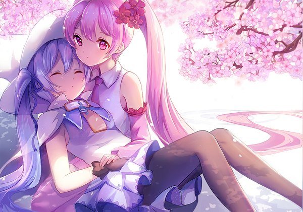 Anime picture 1067x750 with vocaloid suki! yuki! maji magic (vocaloid) hatsune miku yuki miku sakura miku yuki miku (2014) stellarism looking at viewer fringe twintails multiple girls pink hair purple hair eyes closed very long hair pink eyes hair flower girl dress flower (flowers)