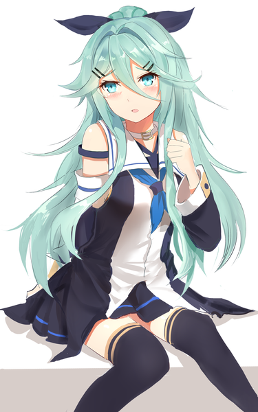 Anime picture 2157x3448 with kantai collection yamakaze (kantai collection) annnna single long hair tall image blush fringe highres simple background hair between eyes white background sitting payot looking away ponytail parted lips pleated skirt aqua eyes aqua hair