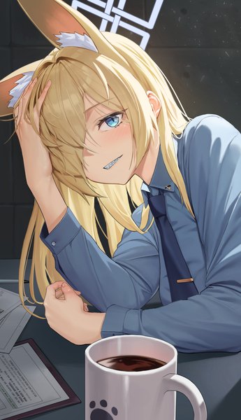 Anime picture 1727x3000 with blue archive kanna (blue archive) guegue single long hair tall image looking at viewer fringe highres blue eyes blonde hair animal ears hair over one eye hand on head clenched teeth girl shirt necktie halo mug