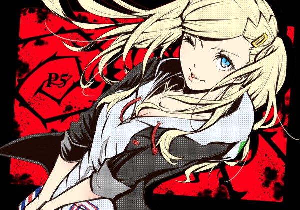Anime picture 1200x840 with persona 5 persona takamaki anne motoki rinn single long hair fringe open mouth blue eyes blonde hair smile twintails upper body one eye closed from above wink black background red background girl hairclip