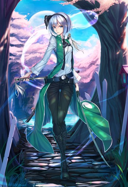 Anime picture 900x1309 with touhou konpaku youmu myon nian (zhanian) single tall image looking at viewer short hair blue eyes silver hair cherry blossoms ghost girl weapon plant (plants) sword tree (trees) boots hairband katana