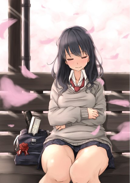 Anime picture 1451x2032 with original rutchifu single long hair tall image blush fringe black hair sitting bent knee (knees) pleated skirt tears cherry blossoms plaid skirt open collar thick thighs girl skirt uniform plant (plants)