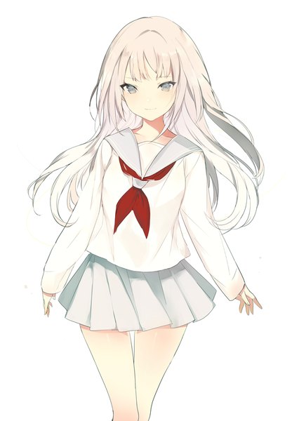 Anime picture 647x932 with original lpip single long hair tall image looking at viewer blush fringe simple background smile standing white background white hair long sleeves pleated skirt grey eyes thigh gap sleeves past wrists girl skirt