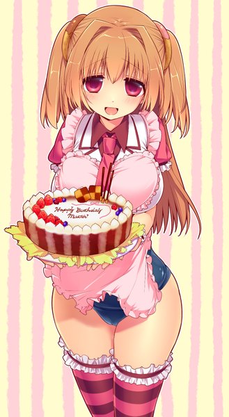 Anime picture 1051x1917 with original giuniu single long hair tall image looking at viewer open mouth light erotic red eyes :d orange hair two side up happy birthday swimsuit under clothes striped background girl thighhighs sweets apron striped thighhighs
