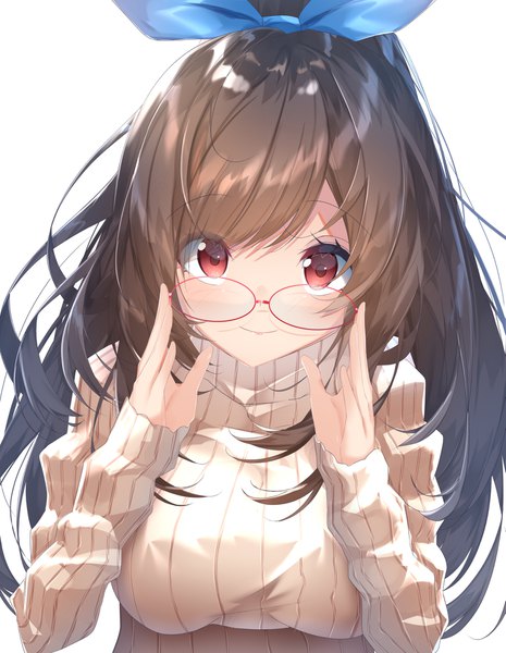 Anime picture 1523x1964 with idolmaster idolmaster shiny colors tsukioka kogane suisen-21 single long hair tall image blush fringe breasts simple background smile hair between eyes red eyes brown hair white background upper body ponytail long sleeves arms up