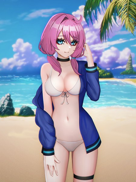Anime picture 3000x4000 with arknights blue poison (arknights) absurd fox single long hair tall image fringe highres breasts blue eyes light erotic smile hair between eyes large breasts standing twintails looking away pink hair sky cloud (clouds)