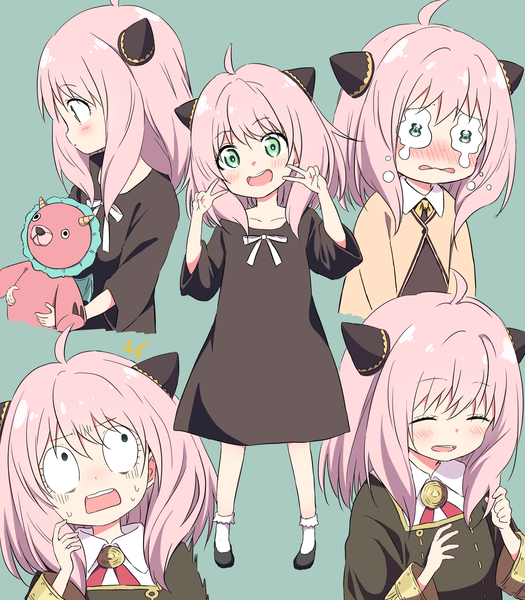 Anime picture 1550x1771 with spy x family anya (spy x family) director chimera (spy x family) akane souichi long hair tall image simple background green eyes pink hair ahoge profile tears victory sweatdrop multiview crying aqua background scared girl dress