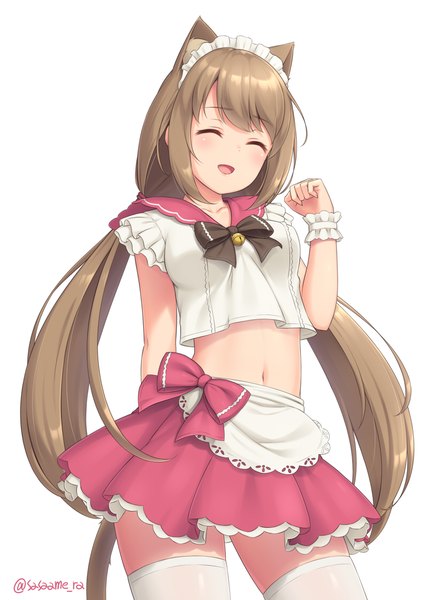 Anime picture 830x1120 with original sasaame single long hair tall image blush fringe open mouth simple background smile brown hair standing white background twintails signed animal ears payot tail blunt bangs eyes closed