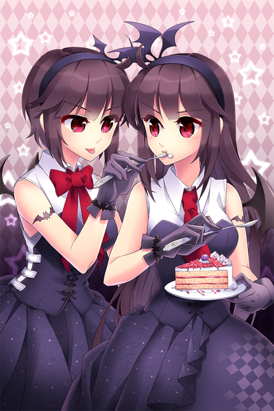 Anime picture 740x1110 with sword girls rion flina sion flina saban long hair tall image short hair black hair red eyes multiple girls eating :p bat wings girl dress gloves 2 girls wings hairband sweets