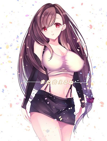 Anime picture 757x1000 with final fantasy final fantasy vii square enix tifa lockhart modern afro single long hair tall image looking at viewer blush fringe breasts open mouth light erotic simple background smile red eyes brown hair large breasts standing
