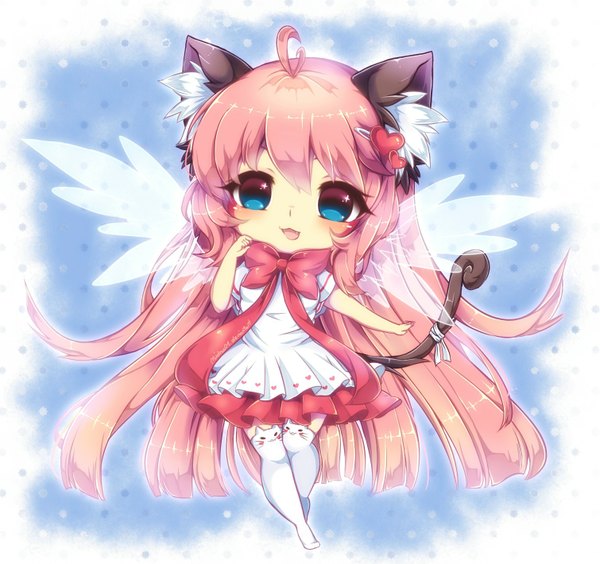 Anime picture 1510x1420 with original kimiko (midna01) midna01 single blush fringe blue eyes smile brown hair animal ears tail very long hair animal tail cat ears cat girl cat tail chibi girl thighhighs dress