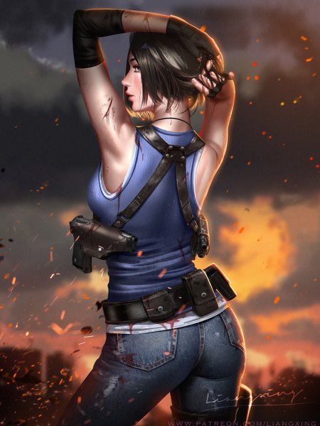 Anime picture 900x1200 with resident evil resident evil 3 jill valentine liang xing single tall image looking at viewer short hair blue eyes black hair standing signed sky cloud (clouds) profile looking back lips from behind blurry realistic
