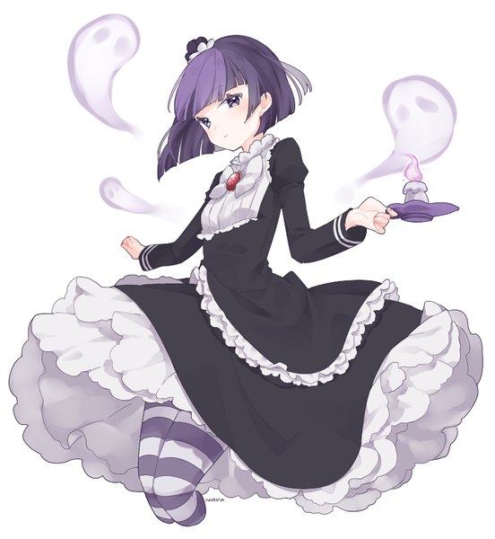 Anime picture 795x865 with cookie run blackberry cookie marin (myuy 3) single tall image looking at viewer blush fringe short hair simple background white background purple eyes signed purple hair maid ghost girl uniform pantyhose frills