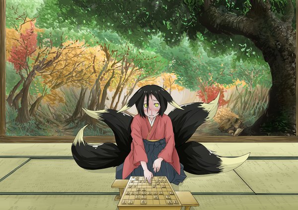 Anime picture 1842x1303 with original doitsuken single looking at viewer blush highres short hair open mouth black hair sitting animal ears yellow eyes tail traditional clothes japanese clothes animal tail fox ears fox tail fox girl slit pupils