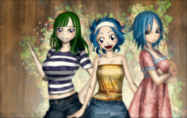 Anime picture 1900x1200 with fairy tail juvia lockser levy mcgarden bisca mulan gray fullbuster (artist) long hair blush highres open mouth simple background smile purple eyes bare shoulders multiple girls blue hair green hair black eyes midriff grey eyes hand on hip