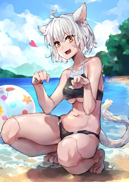Anime-Bild 2894x4093 mit hunter x hunter neferupito mr.lime single tall image looking at viewer fringe highres short hair breasts open mouth light erotic smile brown eyes animal ears sky silver hair cloud (clouds) ahoge tail