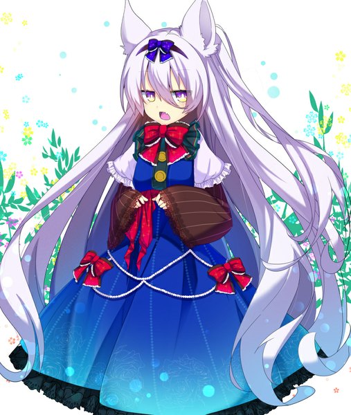 Anime picture 847x1003 with original nyori single tall image looking at viewer blush fringe breasts open mouth hair between eyes purple eyes animal ears yellow eyes purple hair very long hair fang (fangs) fox ears floral print multicolored eyes girl